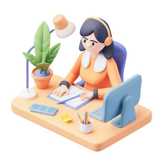 Wall Mural - 3d cartoon woman working from home office desk with laptop, headphones, and plant png illustration o