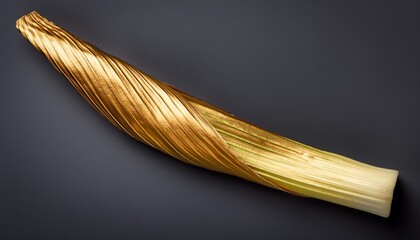 a single solitary leek leaf painted gold on a dark grey background