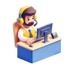 Wall Mural - 3d illustration of cartoon man wearing headset working on computer at desk for customer service, tec