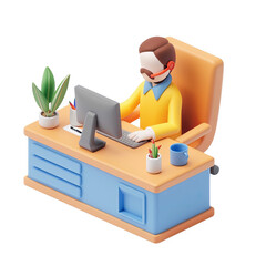 Wall Mural - 3d render cartoon character, man working on a computer with headset, office worker at desk with plan