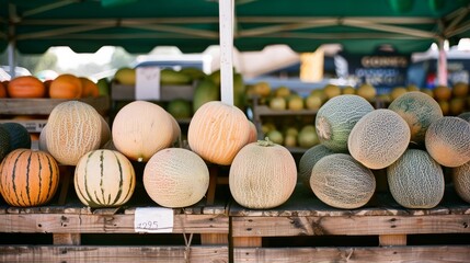 Canvas Print - A vibrant farmers market display of various melons, neatly arranged on wooden crates under a shaded canopy, representing fresh produce and local agriculture.