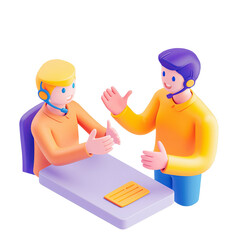 Wall Mural - two cheerful customer service representatives with headsets discussing a work issue at a desk - 3d r