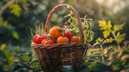 Wall Mural - A wicker basket brimming with tomatoes and greenery sits amid plants, highlighting the wholesome charm of home gardening.