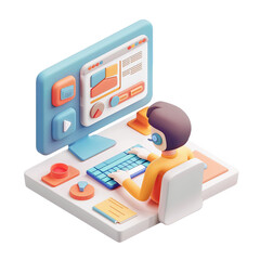 Wall Mural - 3d illustration of a person working on a computer with charts and data on the screen for business, t