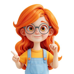 Wall Mural - 3D Render Cute Cartoon Character Ginger Girl With Glasses Pointing Up With Index Finger Isolated on Transparent Background PNG Illustration for Education and Knowledge Concept Design Element