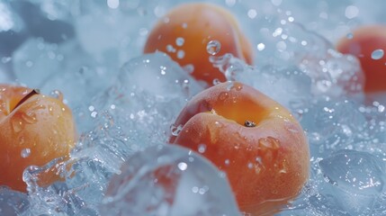 Poster - Close-up of fresh apricots immersed in ice-cold water, with drops and splashes capturing the essence of refreshment and summer fruitfulness.