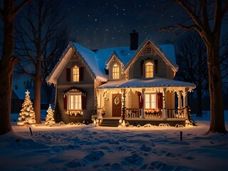 Christmas village path covered in snow at night with decorated houses and christmas tree