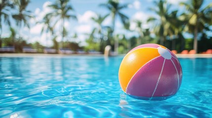 Wall Mural - Bright inflatable beach ball floating in pool with palm trees in the background. Summer vacation and leisure concept