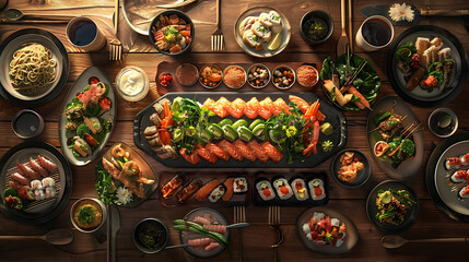 Wall Mural - Japanese restaurant dinner table spread in top-down view, array of beautifully plated sushi, sashimi, tempura, surrounded, fresh salads, traditional Japanese food