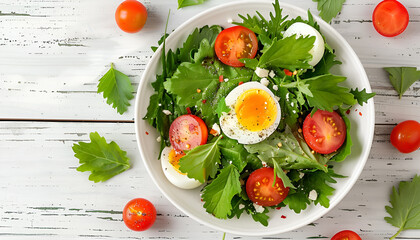 Bowl with salad of nettle leaves, eggs and tomatoes. Healthy spring detox food