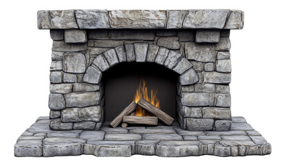 Stone fireplace with a lit fire creating a warm ambiance in a cozy indoor setting, cut out - stock png.