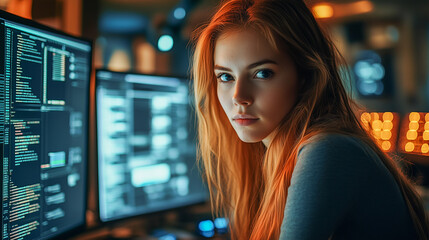 A woman IT specialist works at a monitor in the office