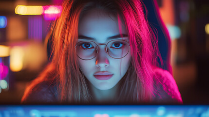 A woman IT specialist works at a monitor in the office