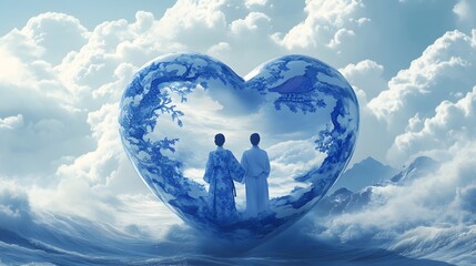 The shape of the heart is made up of blue and white porcelain, with two people standing in it, surrounded by clouds