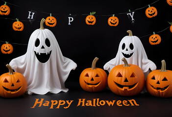 two cartoon ghost, a jack-o-lantern pumpkin, and other Halloween decorations against ablack background with 