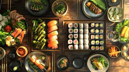 Japanese restaurant dinner table spread in top-down view, array of beautifully plated sushi, sashimi, tempura, surrounded, fresh salads, traditional Japanese food