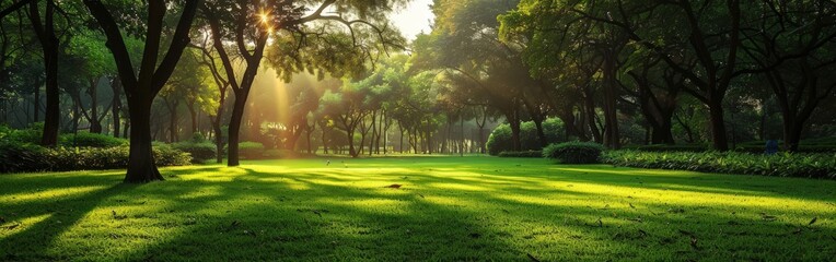 Lush green park lawn with sunlight filtering through trees at dawn