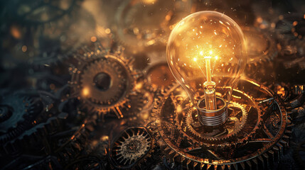 Wall Mural - A photographic image of a light bulb, intricate gears and cogs surrounding the bulb, steampunk design, warm glowing light from the bulb, bokeh background with soft light reflections