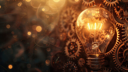 Wall Mural - A photographic image of a light bulb, intricate gears and cogs surrounding the bulb, steampunk design, warm glowing light from the bulb, bokeh background with soft light reflections