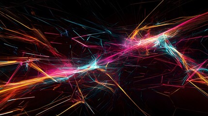 Wall Mural - A complex network of interconnected glowing lines and abstract digital shapes in neon colors, set against a deep black background, evoking a high-tech, cybernetic atmosphere