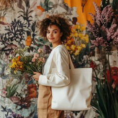 Afro American woman with tote bag mockup. Female model holds shopping back, in flower shop, indoor lifstyle. White canvas tote, blank template. 