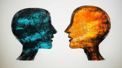 Silhouettes of two people facing each other, one in blue and the other in orange, symbolizing conversation or contrast in perspectives.