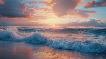 A tranquil beach at sunrise with gentle waves and a vibrant sky.