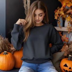 Wall Mural - Women black sweatshirt mockup with Halloween background. Young female model in long sleeve tshirt mock up. Women's Gildan shirt, basic pullover, fall, autumn casual jumper, front view, indoor lifestyl