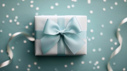 Wall Mural - Elegant Mint Green Gift Box Tied With a Light Blue Ribbon