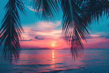 Wall Mural - A beautiful sunset over the ocean with a palm tree in the foreground, generative ai.