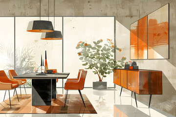 Wall Mural - Modern interior design with contemporary dining area, orange accents, large windows, potted plant, minimalist furniture, and abstract art