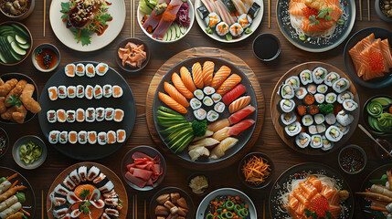 Japanese restaurant dinner table spread in top-down view, array of beautifully plated sushi, sashimi, tempura, surrounded, fresh salads, traditional Japanese food