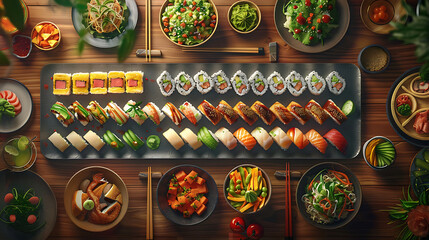 Wall Mural - Japanese restaurant dinner table spread in top-down view, array of beautifully plated sushi, sashimi, tempura, surrounded, fresh salads, traditional Japanese food