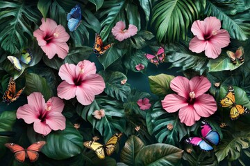 Canvas Print - Tropical seamless wallpaper with flowers, leaves, butterflies, and hibiscus for wallpaper paper clothing, premium 3D illustration.