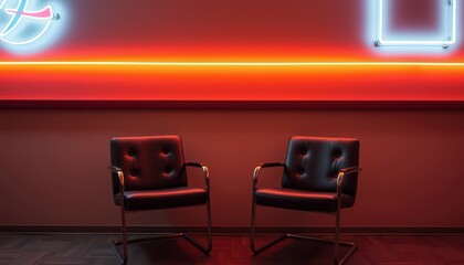 Red Neon Light Illuminates Two Chairs in a Minimalist Room.