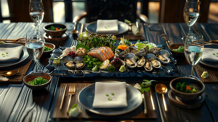 Wall Mural - Japanese restaurant dinner table spread in top-down view, array of beautifully plated sushi, sashimi, tempura, surrounded, fresh salads, traditional Japanese food