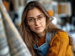 Wall Mural - A woman wearing glasses and a yellow sweater is sitting in front of a table with a stack of books