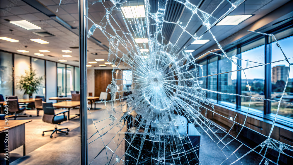 Broken glass in office building with cityscape background, broken glass ...