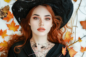 Wall Mural - Beautiful redhead woman in a black witch hat surrounded by autumn leaves, embodying the spirit of Halloween in a magical forest setting.