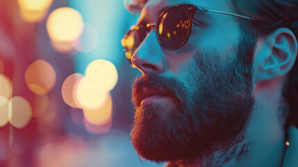 Wall Mural - A photographic portrait of a man with sunglasses and a beard, confident pose, looking to the side, close-up view, sharp focus