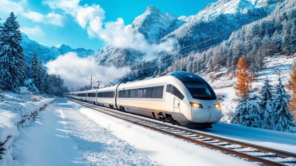 A high-speed train against the backdrop of snow-covered picturesque mountains.