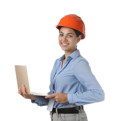 Wall Mural - Engineer in hard hat with laptop on white background