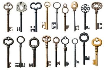 A collection of vintage keys showcasing various designs and materials, cut out - stock png.