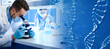 © New Africa - Scientist working with microscope in laboratory and illustrations of DNA, double exposure. Research in genetics. banner design