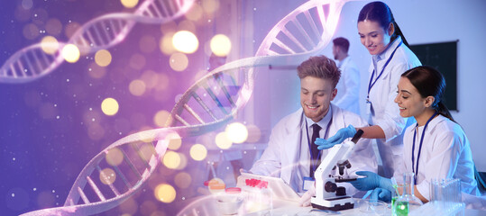 Wall Mural - Scientists working in laboratory and illustrations of DNA, double exposure. Research in genetics. banner design