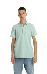 Poster - Teenage boy wearing light green t-shirt on white background