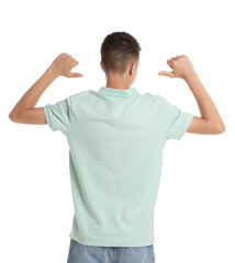 Sticker - Teenage boy wearing light green t-shirt on white background, back view