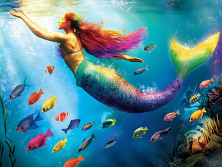 A colorful mermaid swimming in a sea full of fish. The mermaid is surrounded by a variety of fish, including some that are orange, yellow, and blue. Concept of wonder and excitement