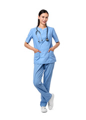 Wall Mural - Smiling nurse in uniform on white background