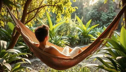 Poster - Woman relaxing in hammock in tropical garden.